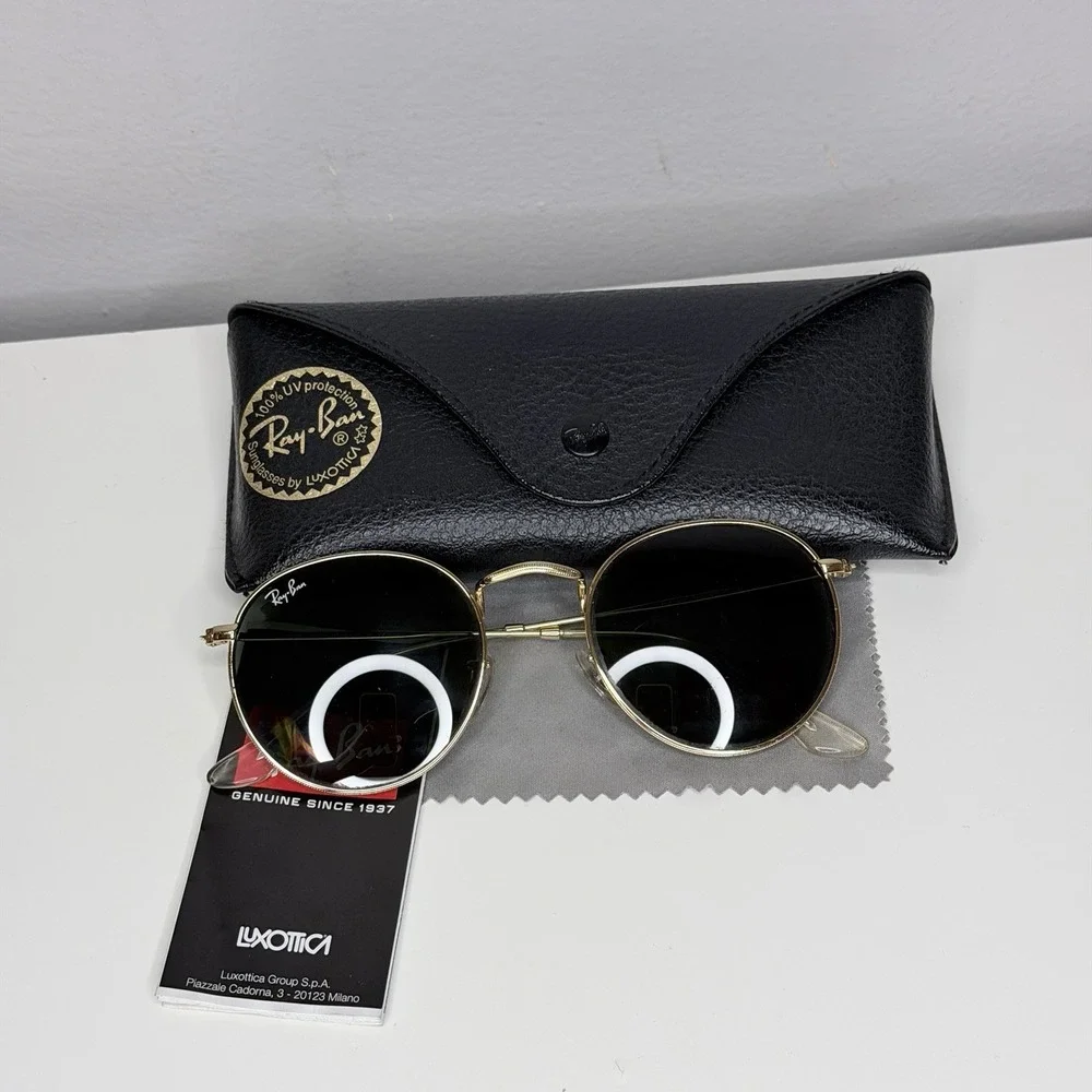 Ray-Ban RB3447 Round Metal 001 Sunglasses 50-21 Gold Green G-15 Italy Case EUC